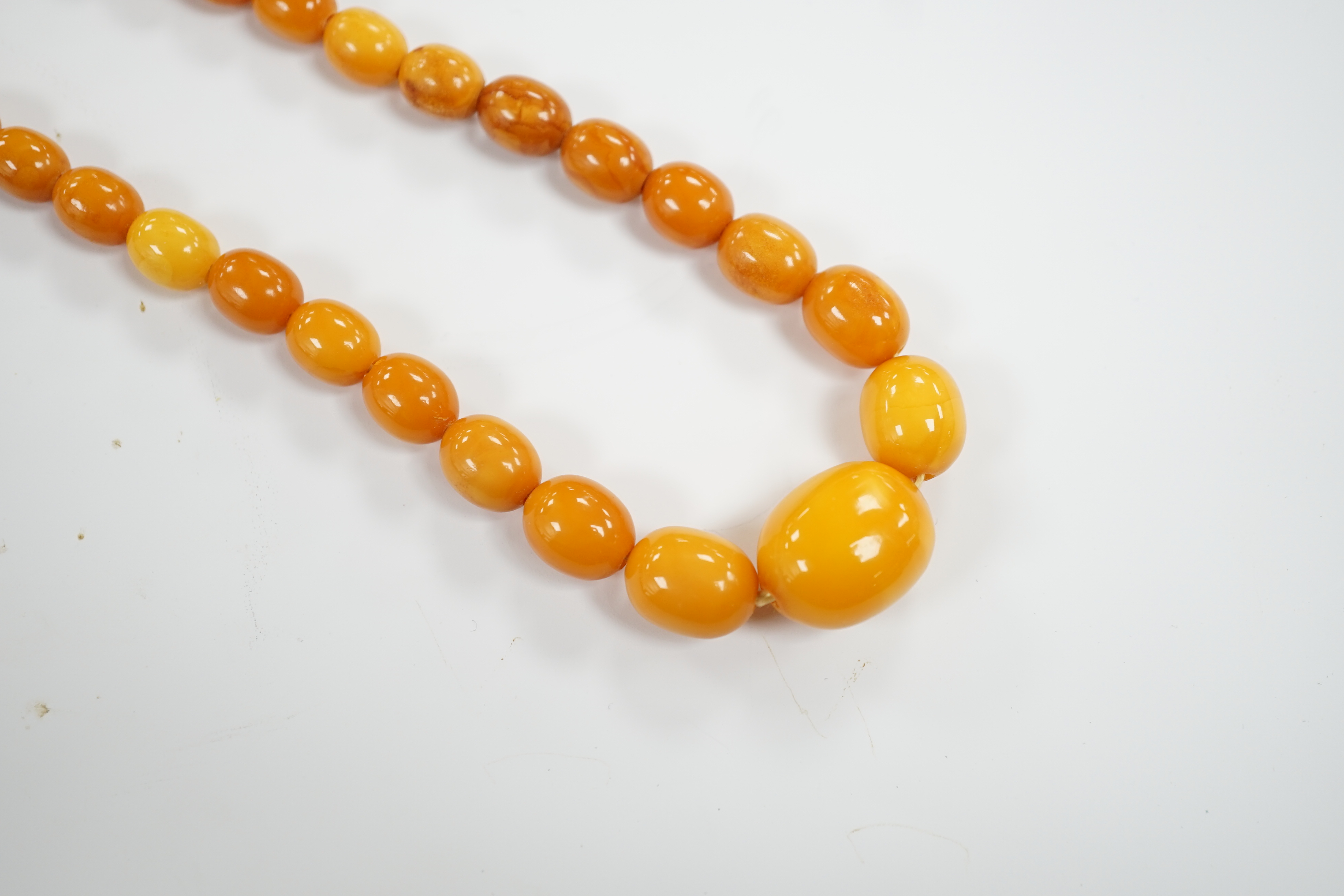 A single strand graduated oval amber bead necklace, 42cm, gross 21 grams.